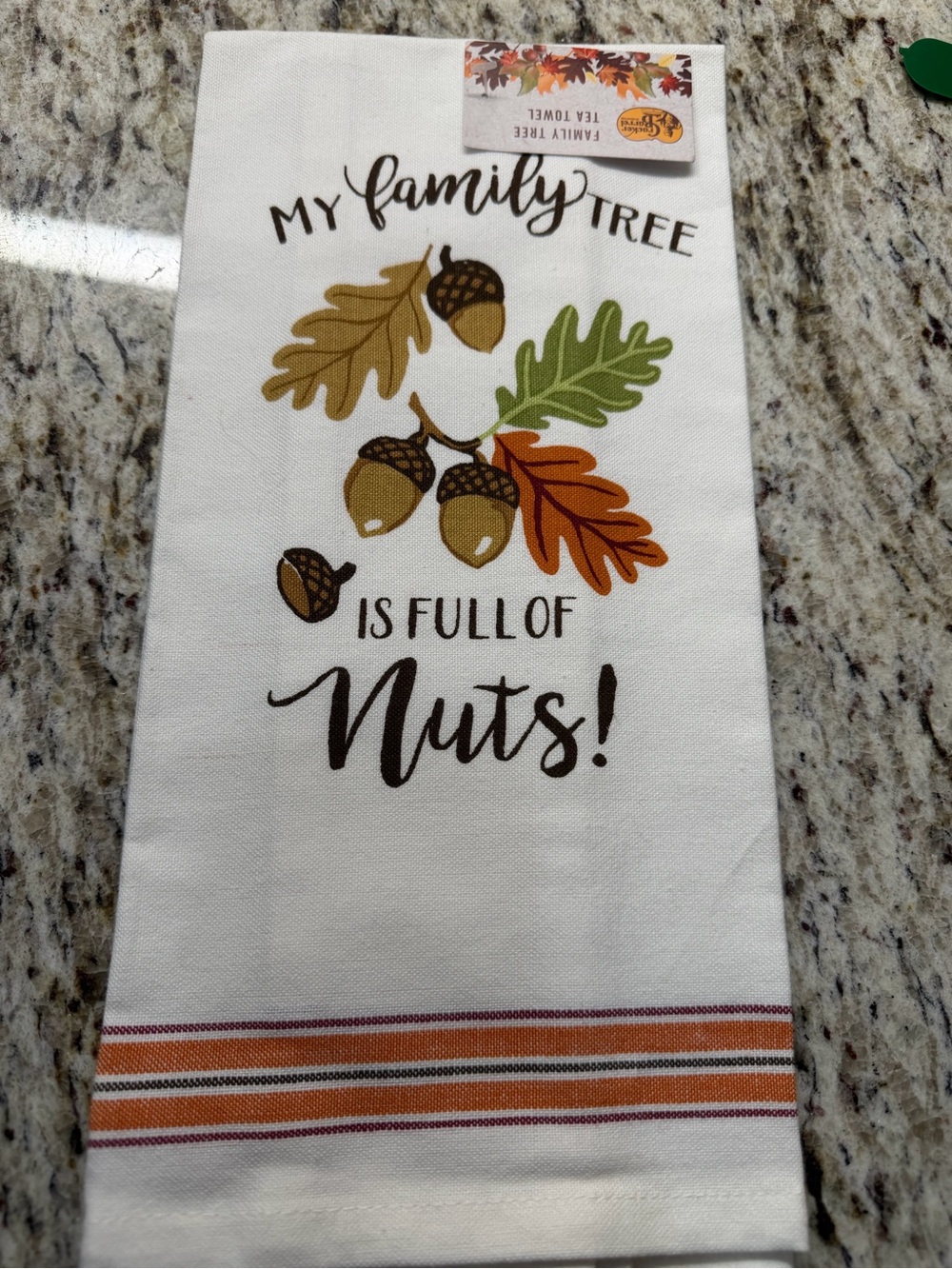 My Family Tree Is Full of Nuts! Fall Kitchen Towel - White with Autumn Leaves